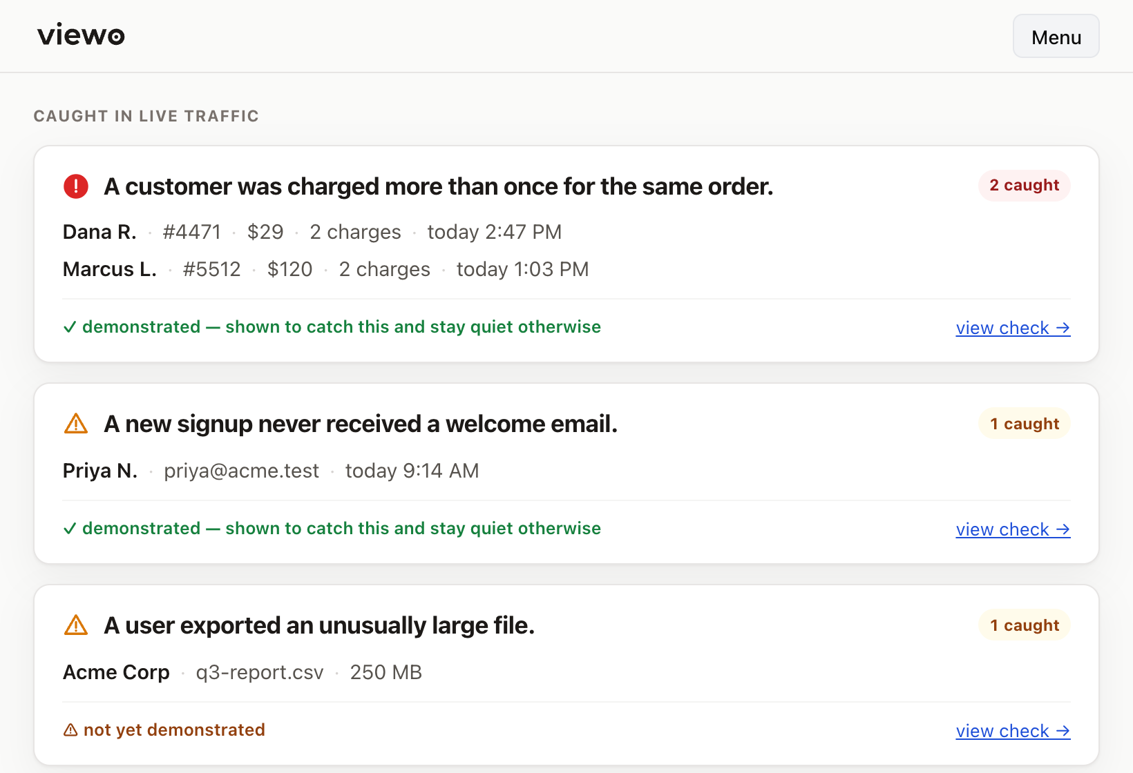 A Viewo project home — the checks that caught something in live traffic.